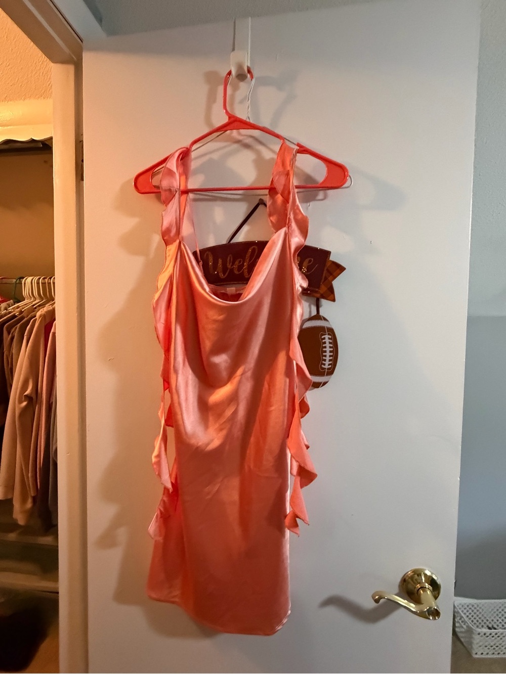 Satin Ruffle-Trim Slip Dress in Coral Pink